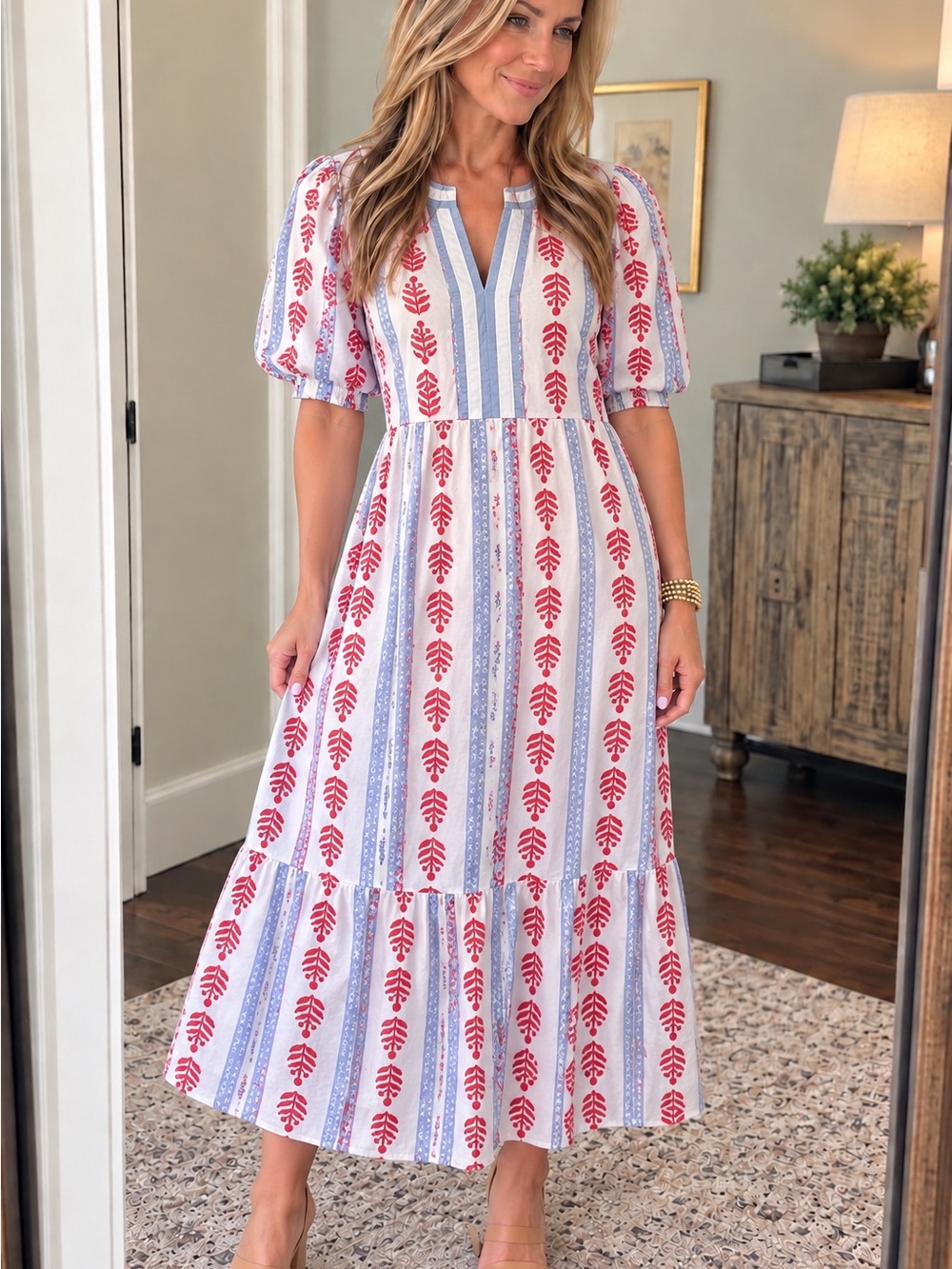 Mud Pie White Midi Dress with Red Leaf & Blue Stripe Pattern
